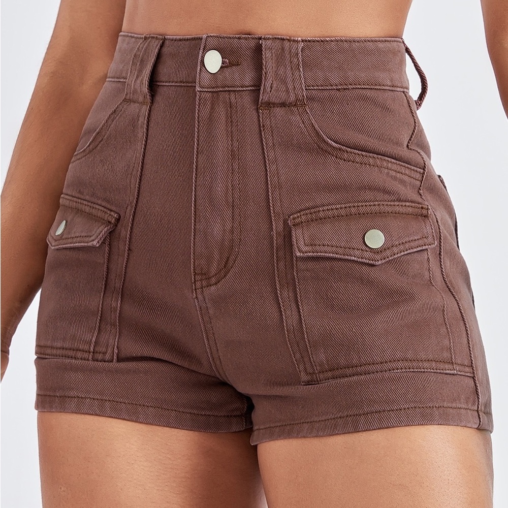 Rust brown, high waist, flap pocket denim shorts from SHEIN! Size -S